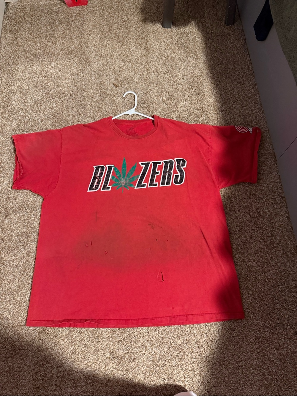 Fruit of the Loom Red 'BLAZERS' Graphic Tee with Green Leaf